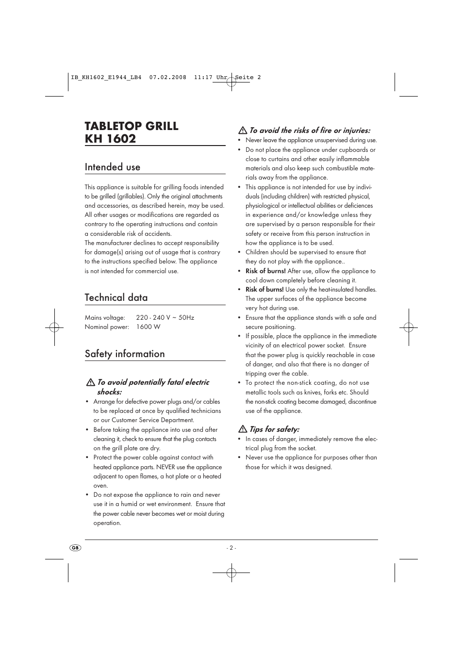 Tabletop grill kh 1602, Intended use, Technical data | Safety information | Kompernass KH 1602 User Manual | Page 4 / 35