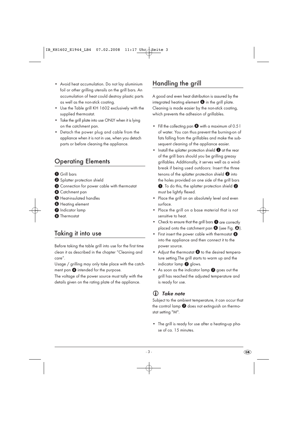 Operating elements, Taking it into use, Handling the grill | Kompernass KH 1602 User Manual | Page 5 / 35