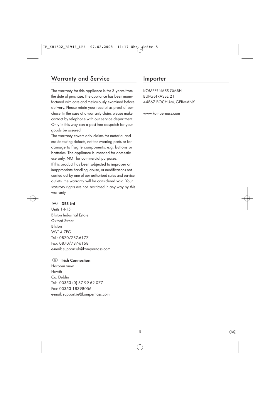 Warranty and service, Importer | Kompernass KH 1602 User Manual | Page 7 / 35