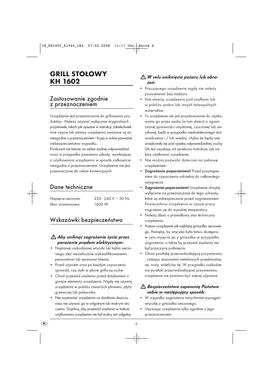 Grill stołowy kh 1602, Zastosowanie zgodnie z przeznaczeniem, Dane techniczne | Wskazówki bezpieczeństwa | Kompernass KH 1602 User Manual | Page 8 / 35