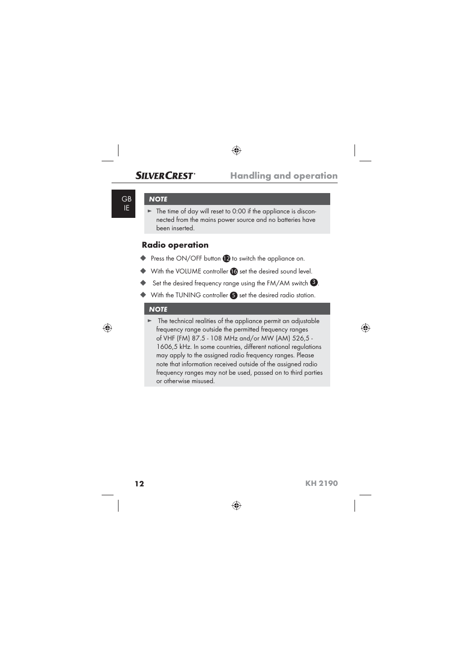 Handling and operation, Radio operation | Kompernass KH 2190 User Manual | Page 14 / 24