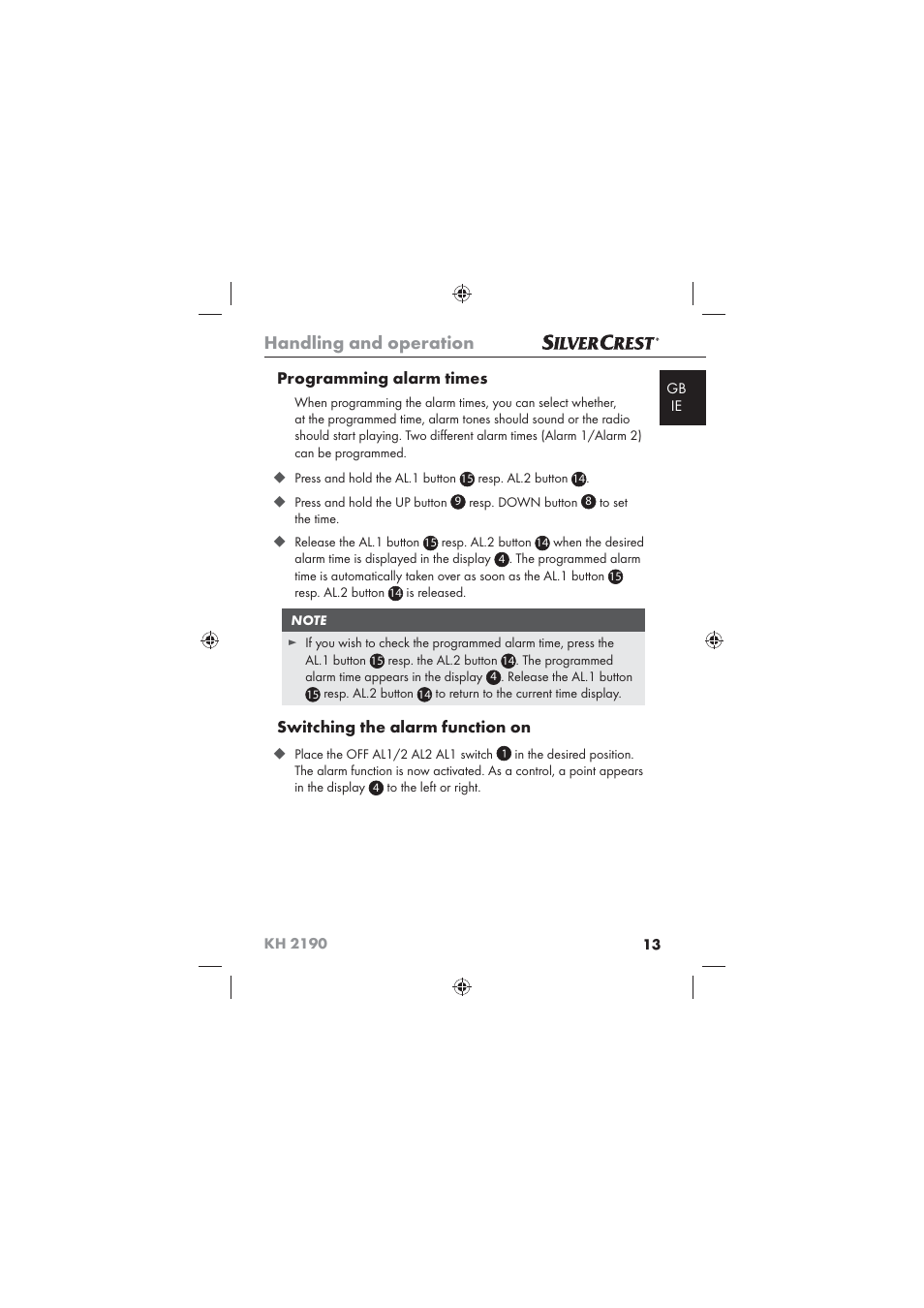 Handling and operation, Programming alarm times, Switching the alarm function on | Kompernass KH 2190 User Manual | Page 15 / 24