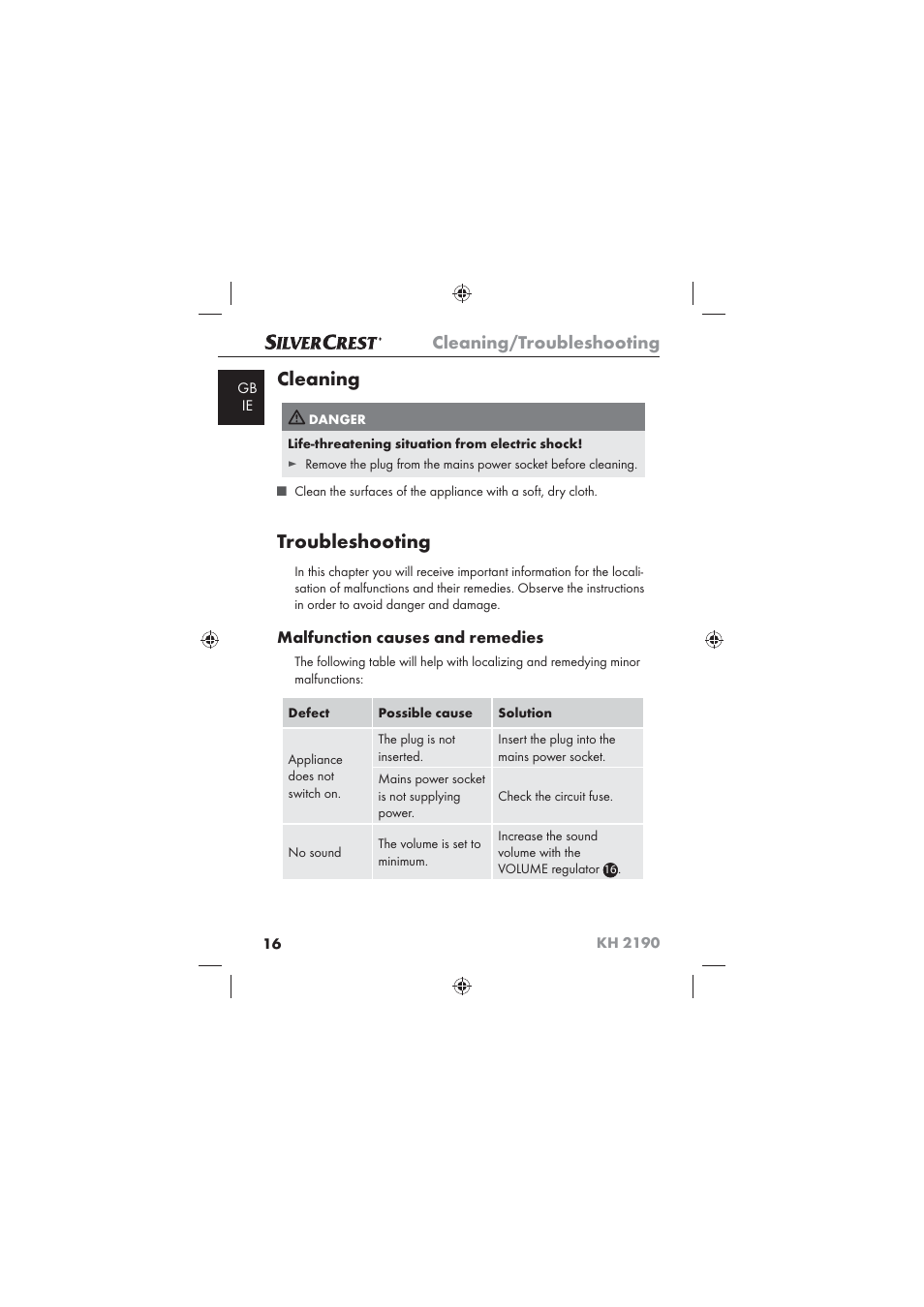 Cleaning, Troubleshooting, Cleaning/troubleshooting | Kompernass KH 2190 User Manual | Page 18 / 24