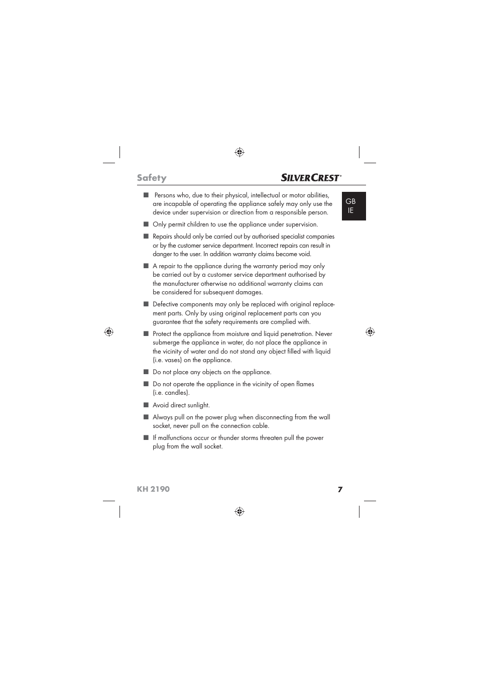 Safety | Kompernass KH 2190 User Manual | Page 9 / 24