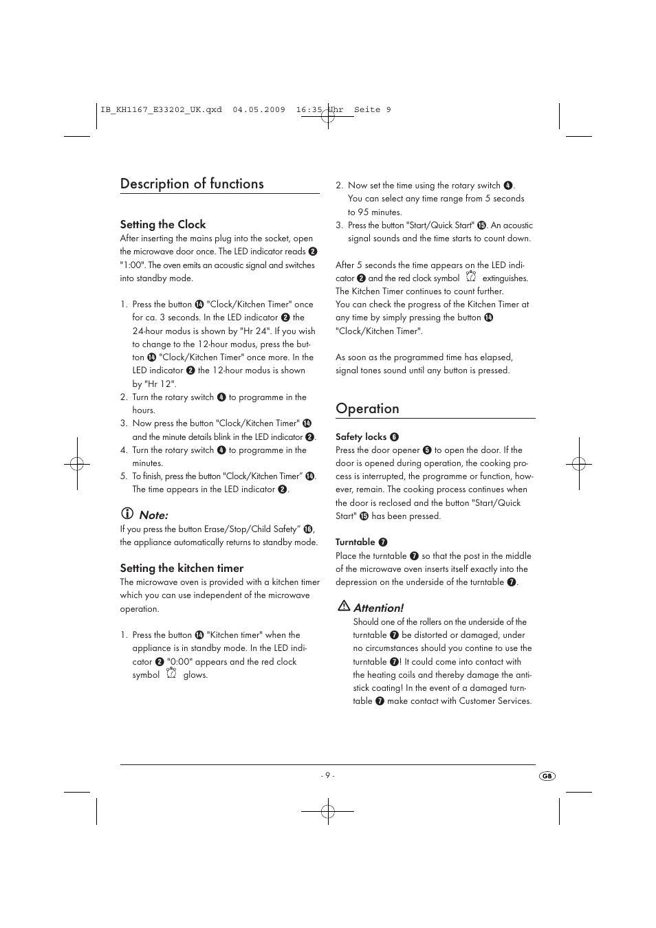 Description of functions, Operation | Kompernass KH 1167 User Manual | Page 11 / 65