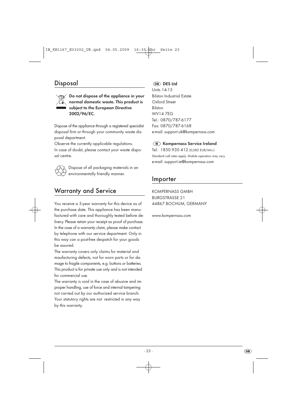 Disposal, Warranty and service, Importer | Kompernass KH 1167 User Manual | Page 25 / 65