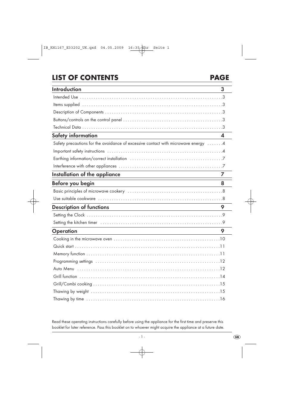List of contents page | Kompernass KH 1167 User Manual | Page 3 / 65