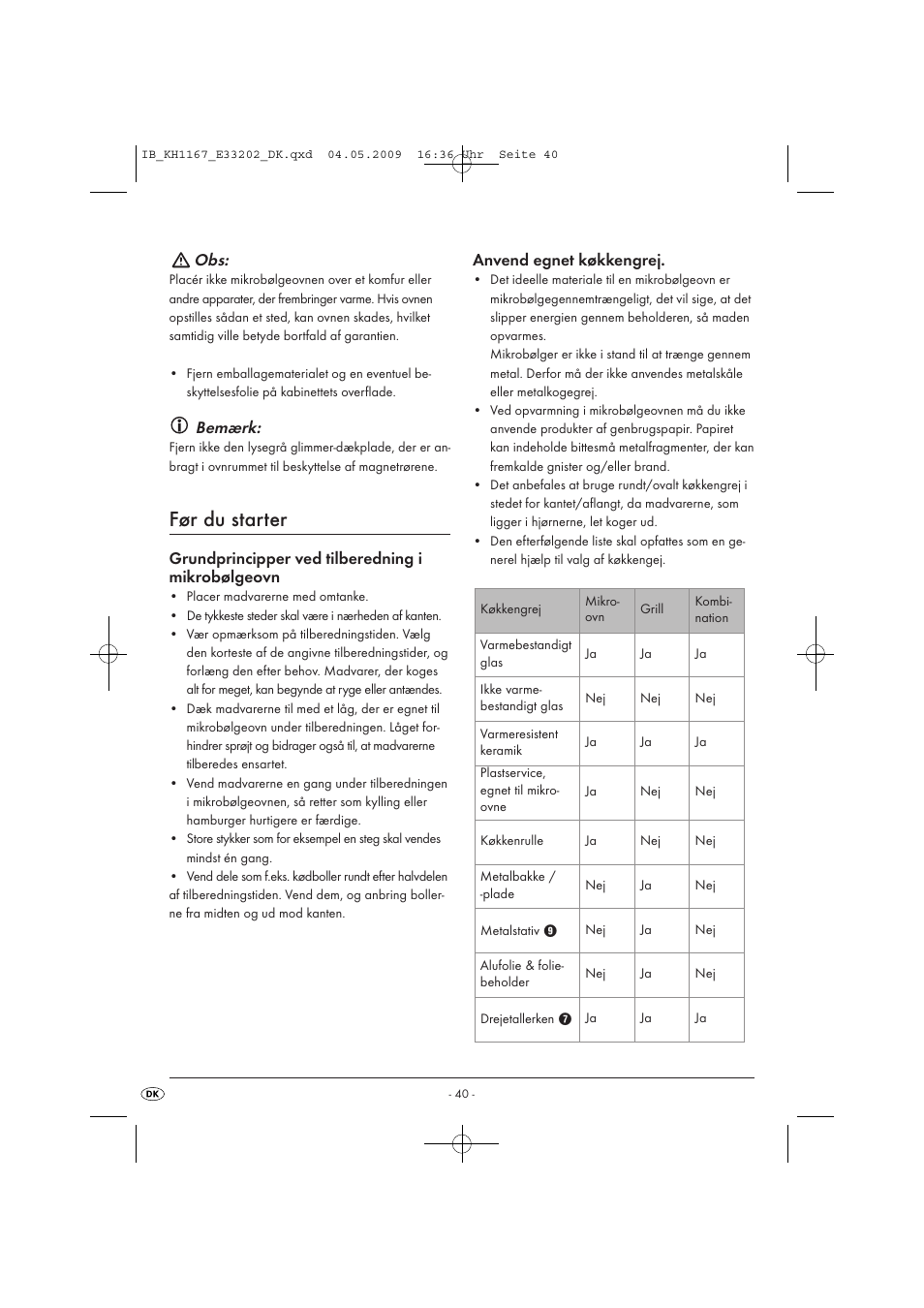 Før du starter, Bemærk | Kompernass KH 1167 User Manual | Page 42 / 65