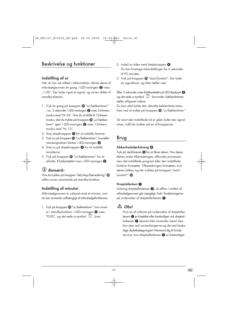 Beskrivelse og funktioner, Brug | Kompernass KH 1167 User Manual | Page 43 / 65