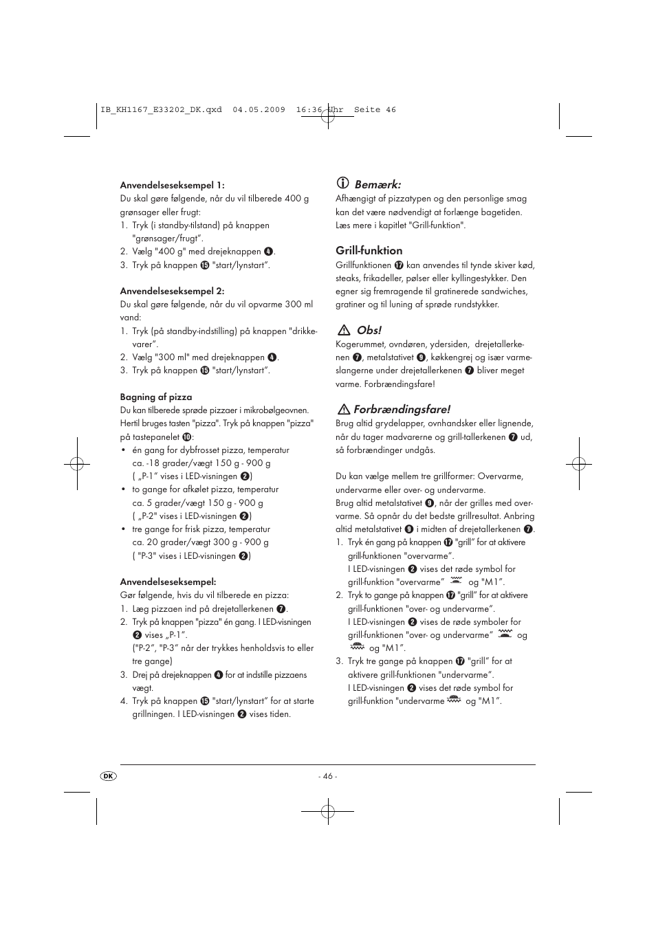 Bemærk, Forbrændingsfare | Kompernass KH 1167 User Manual | Page 48 / 65