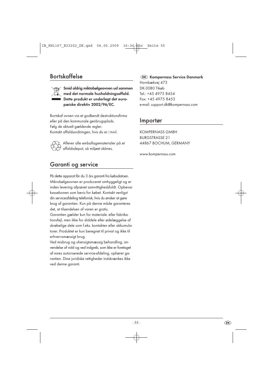 Bortskaffelse, Garanti og service, Importør | Kompernass KH 1167 User Manual | Page 57 / 65