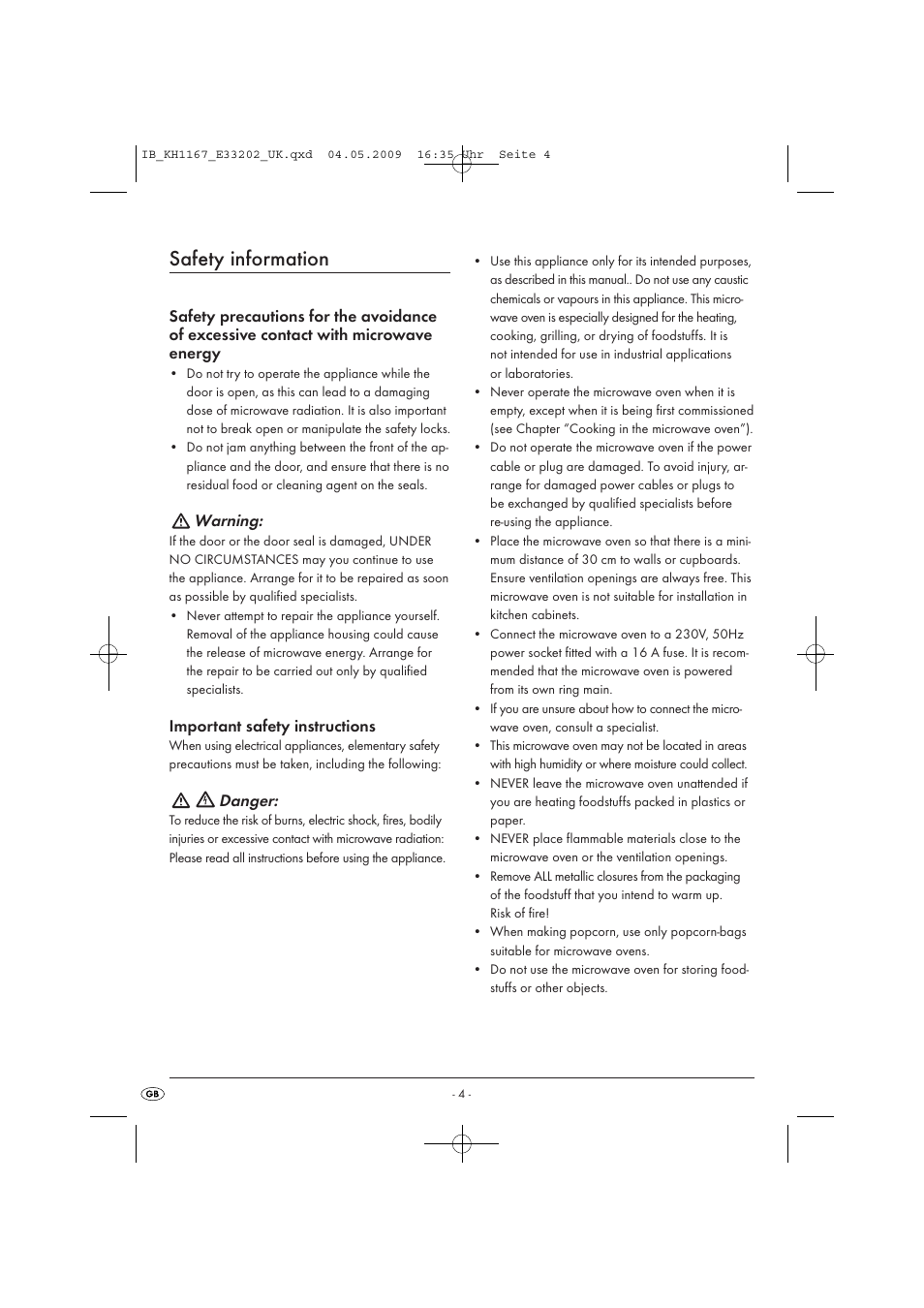 Safety information, Warning, Danger | Kompernass KH 1167 User Manual | Page 6 / 65