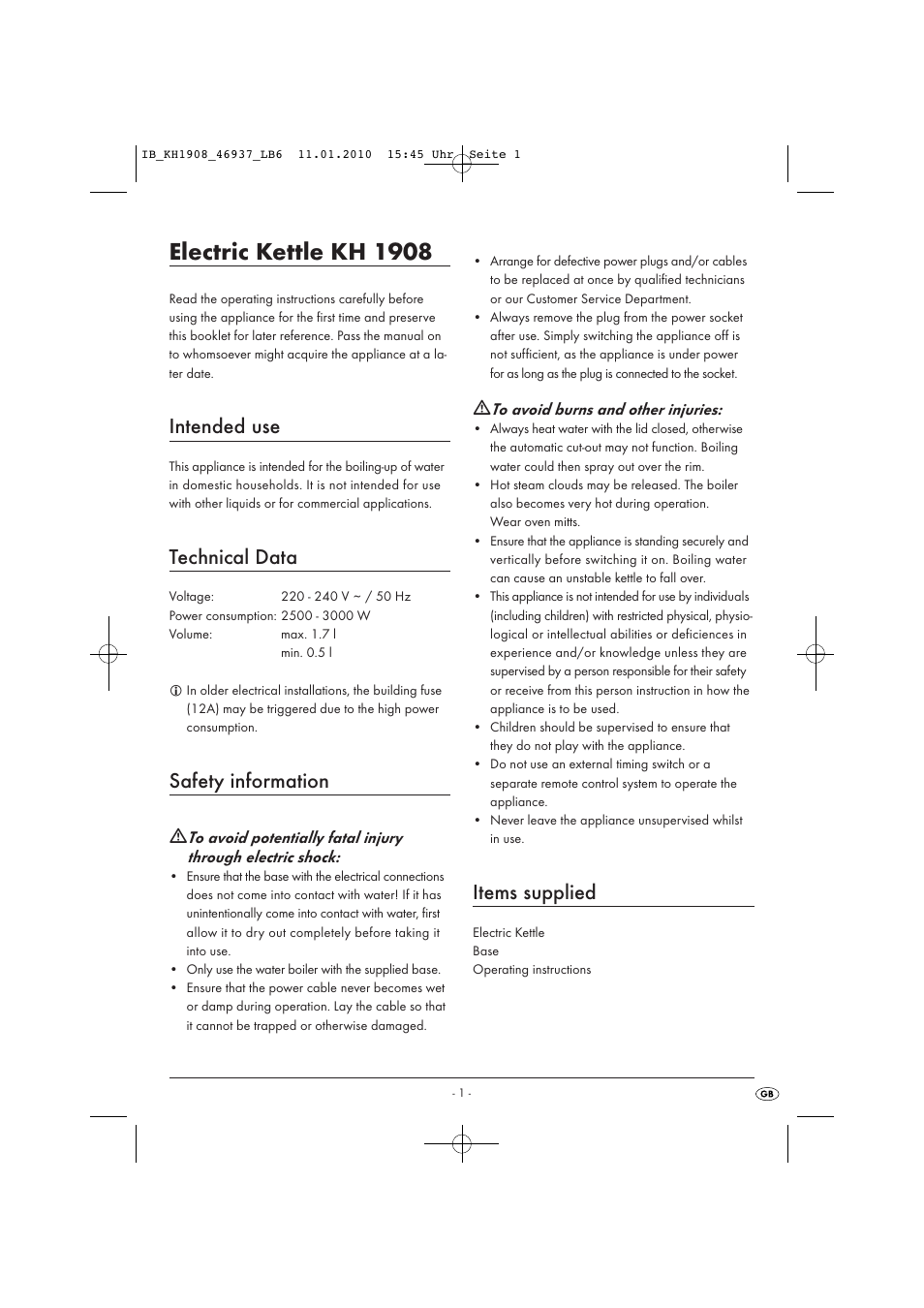 Electric kettle kh 1908, Intended use, Technical data | Safety information, Items supplied | Kompernass KH 1908 User Manual | Page 3 / 6