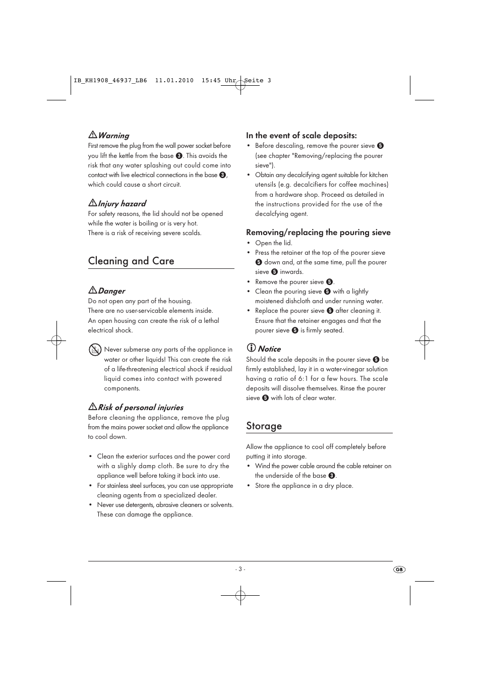 Cleaning and care, Storage | Kompernass KH 1908 User Manual | Page 5 / 6