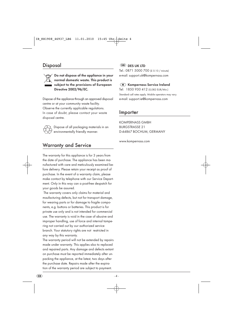 Disposal, Warranty and service, Importer | Kompernass KH 1908 User Manual | Page 6 / 6