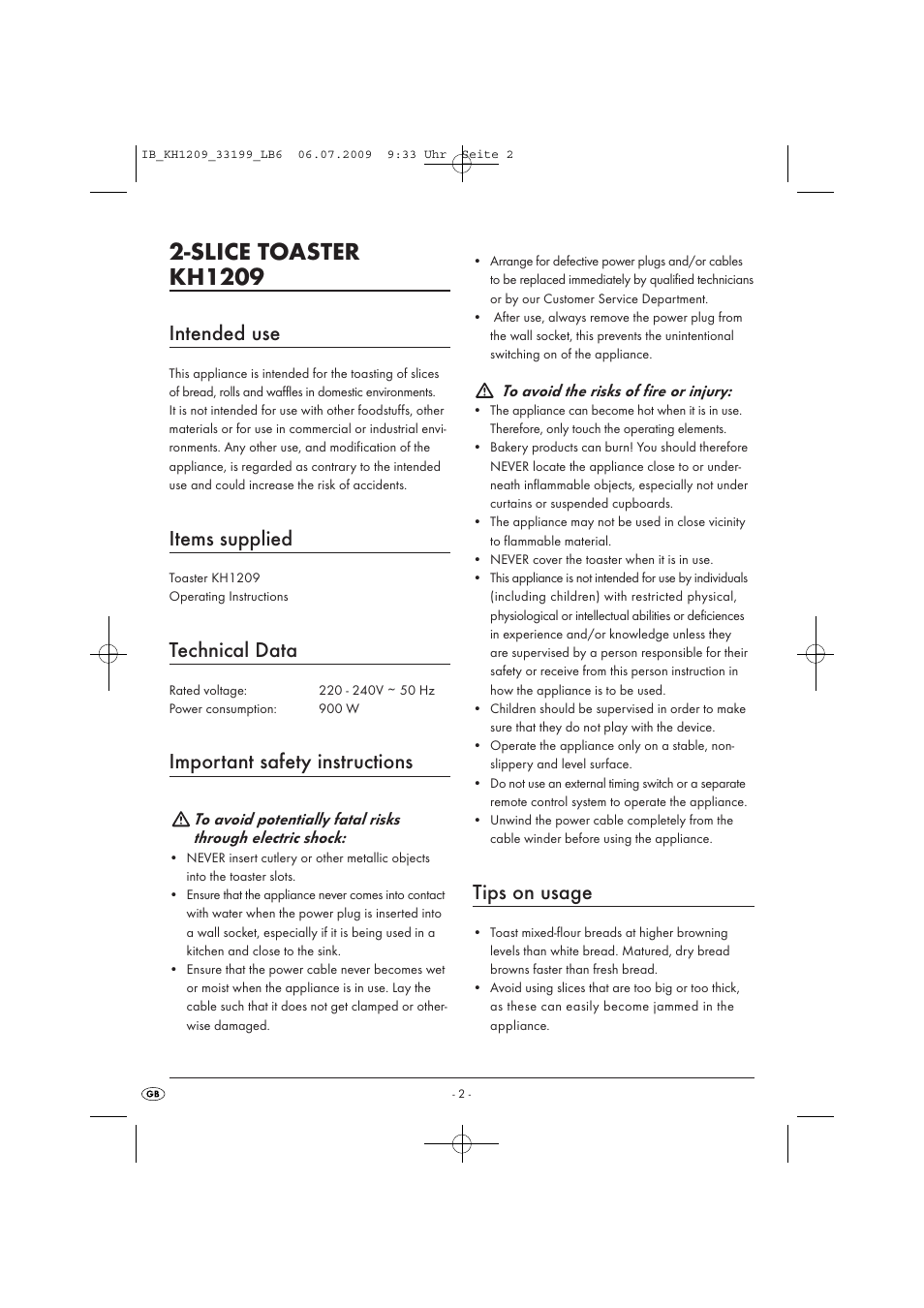 Slice toaster kh1209, Intended use, Items supplied | Technical data, Important safety instructions, Tips on usage | Kompernass KH 1209 User Manual | Page 4 / 8