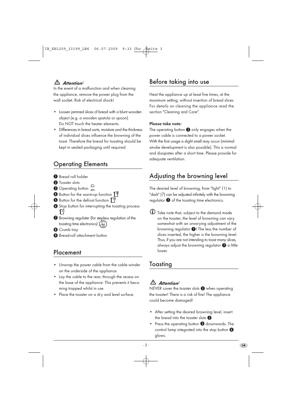 Operating elements, Placement, Before taking into use | Adjusting the browning level, Toasting | Kompernass KH 1209 User Manual | Page 5 / 8