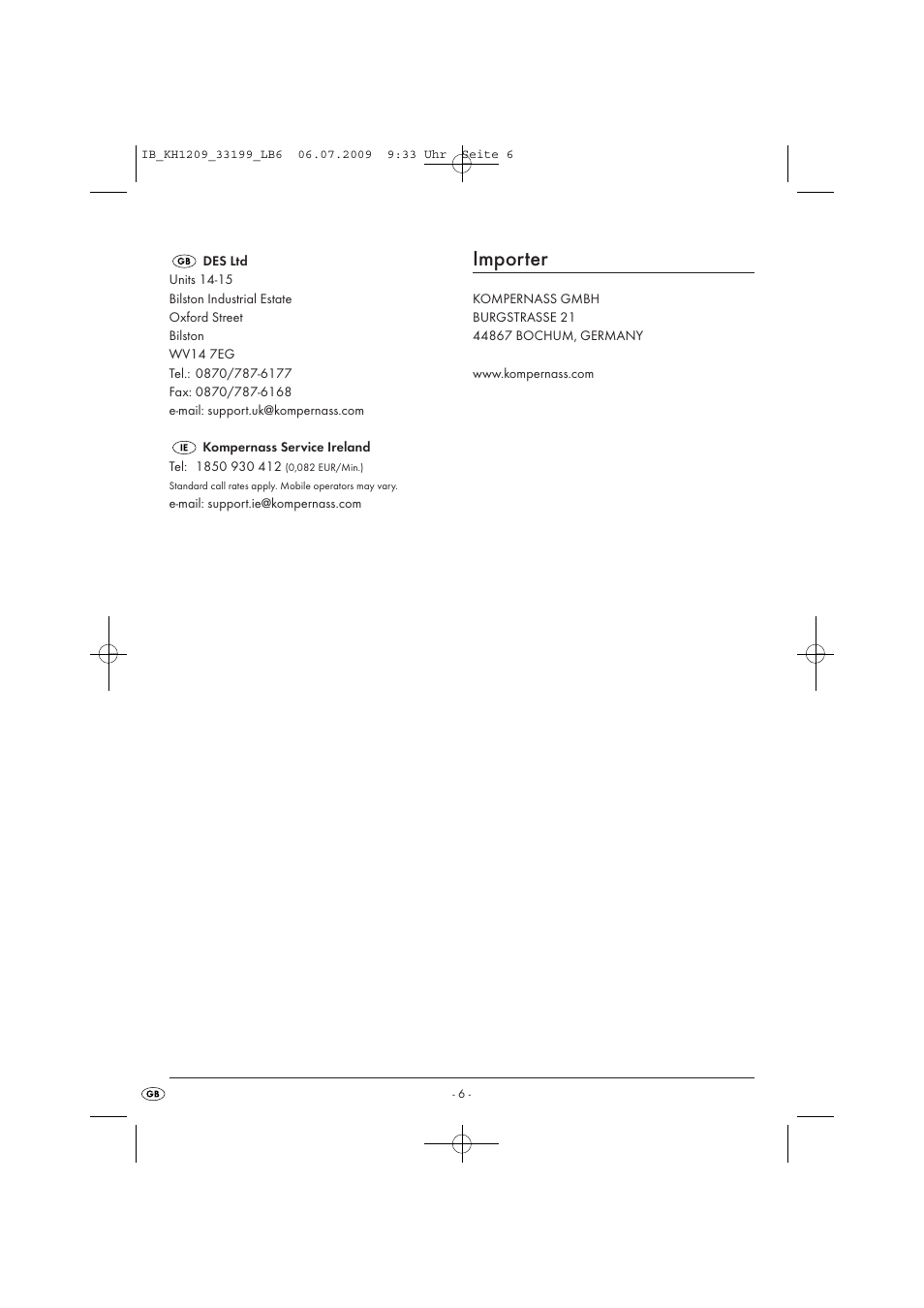 Importer | Kompernass KH 1209 User Manual | Page 8 / 8