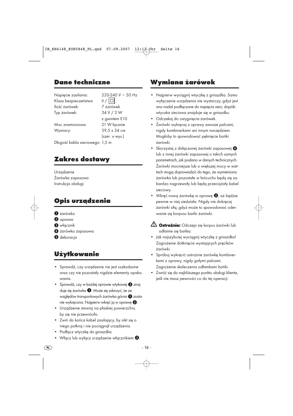 Wymiana żarówek, Dane techniczne, Zakres dostawy | Opis urządzenia, Użytkowanie | Kompernass Christmas Pyramid KH 4148 User Manual | Page 16 / 34