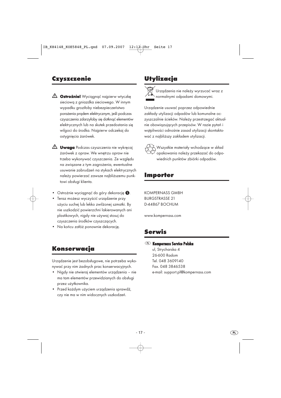 Czyszczenie, Konserwacja, Utylizacja | Importer, Serwis | Kompernass Christmas Pyramid KH 4148 User Manual | Page 17 / 34