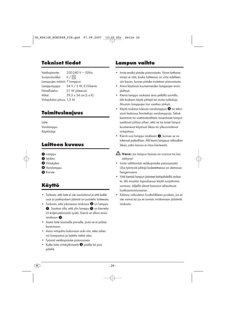 Lampun vaihto, Tekniset tiedot, Toimituslaajuus | Laitteen kuvaus, Käyttö | Kompernass Christmas Pyramid KH 4148 User Manual | Page 24 / 34