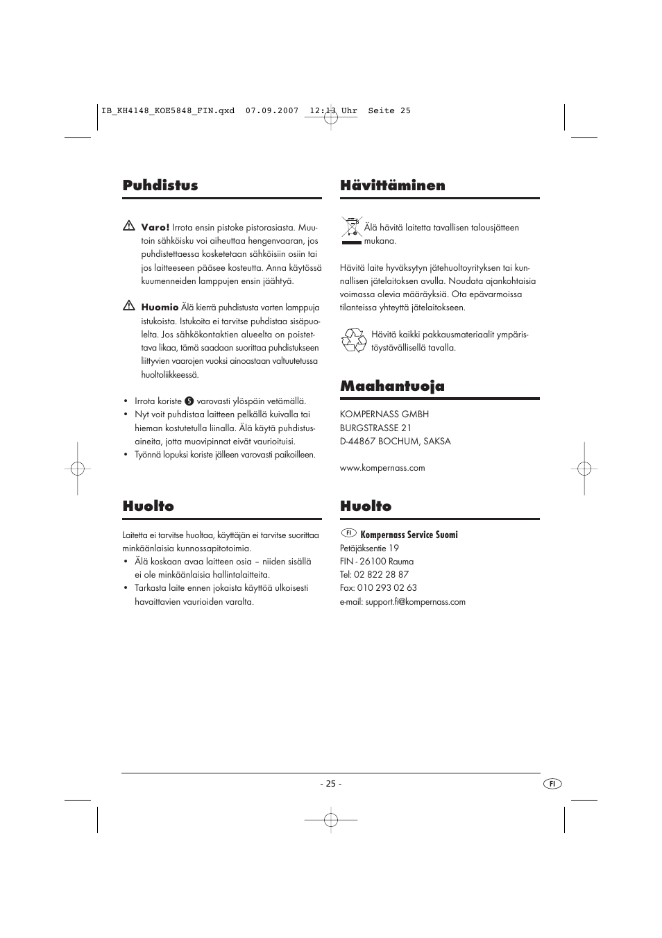 Puhdistus, Huolto, Hävittäminen | Maahantuoja | Kompernass Christmas Pyramid KH 4148 User Manual | Page 25 / 34