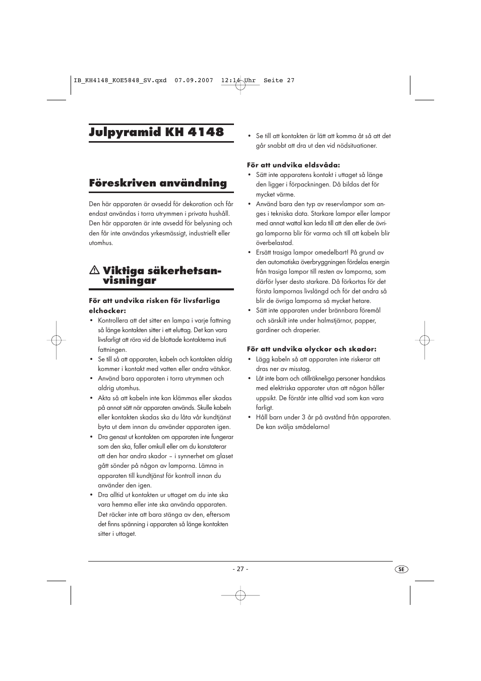 Julpyramid kh 4148, Föreskriven användning, Ƽ viktiga säkerhetsan- visningar | Kompernass Christmas Pyramid KH 4148 User Manual | Page 27 / 34