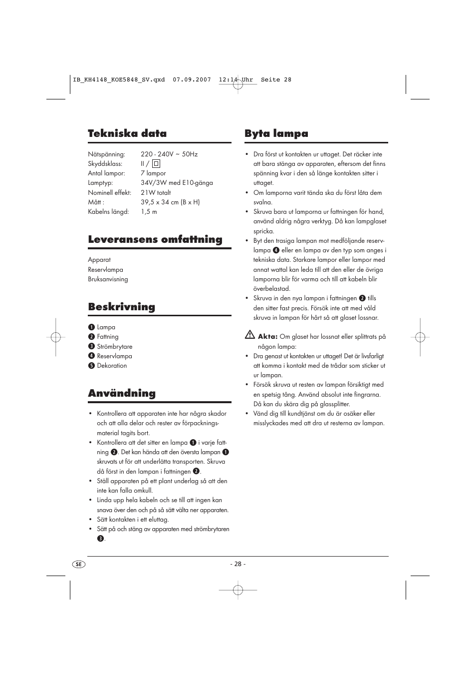 Byta lampa, Tekniska data, Leveransens omfattning | Beskrivning, Användning | Kompernass Christmas Pyramid KH 4148 User Manual | Page 28 / 34