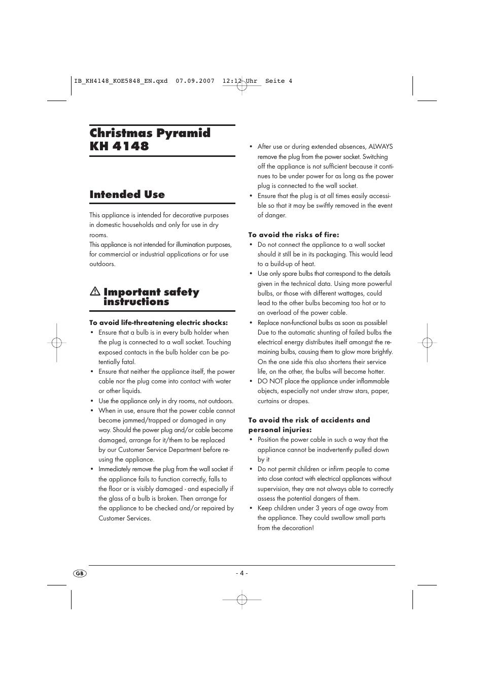 Christmas pyramid kh 4148, Intended use, Ƽ important safety instructions | Kompernass Christmas Pyramid KH 4148 User Manual | Page 4 / 34