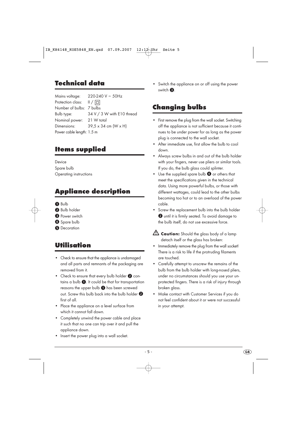 Technical data, Items supplied, Appliance description | Utilisation, Changing bulbs | Kompernass Christmas Pyramid KH 4148 User Manual | Page 5 / 34