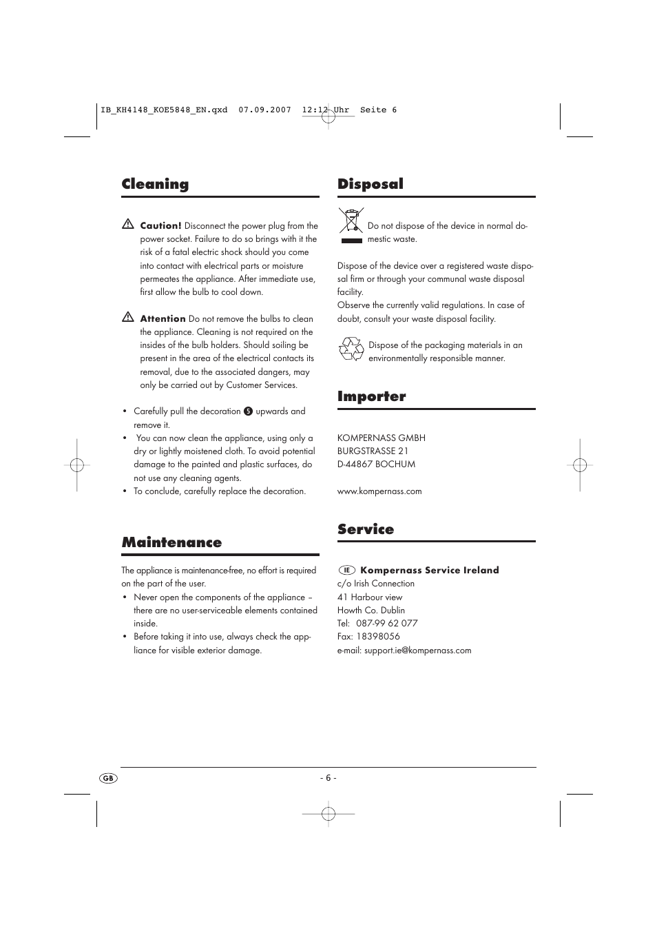 Cleaning, Maintenance, Disposal | Importer, Service | Kompernass Christmas Pyramid KH 4148 User Manual | Page 6 / 34