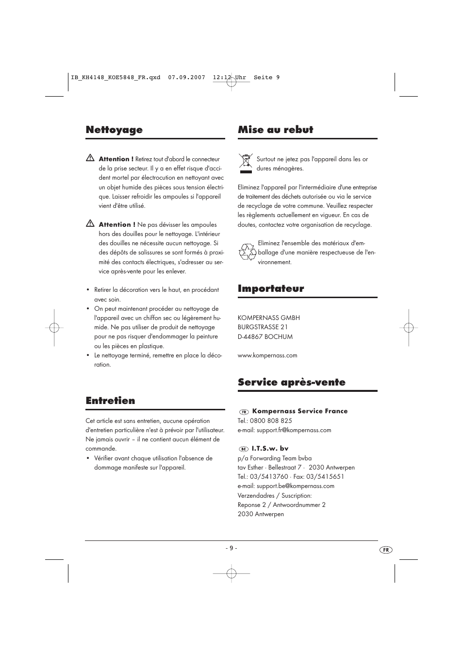 Nettoyage, Entretien, Mise au rebut | Importateur, Service après-vente | Kompernass Christmas Pyramid KH 4148 User Manual | Page 9 / 34