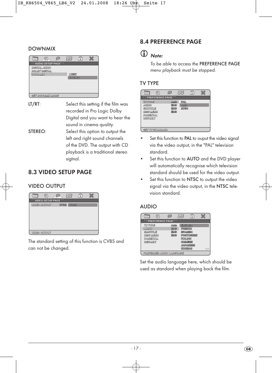 3 video setup page, 4 preference page, Downmix | Video output, Tv type, Audio | Kompernass KH 6504 User Manual | Page 19 / 41