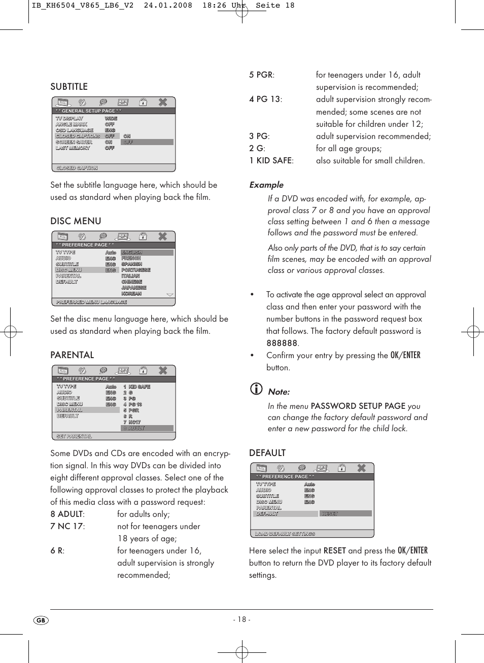 Subtitle, Disc menu, Parental | Enter, Default, Here select the input reset and press the | Kompernass KH 6504 User Manual | Page 20 / 41