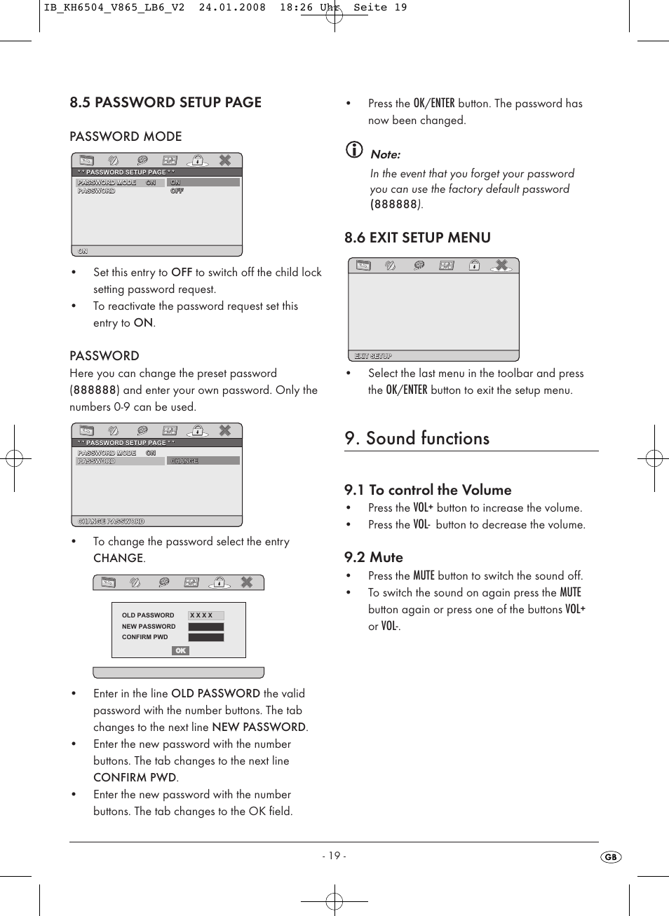 Sound functions, 5 password setup page, 6 exit setup menu | 1 to control the volume, 2 mute, Password mode, Password, Enter, Mute, Press the | Kompernass KH 6504 User Manual | Page 21 / 41