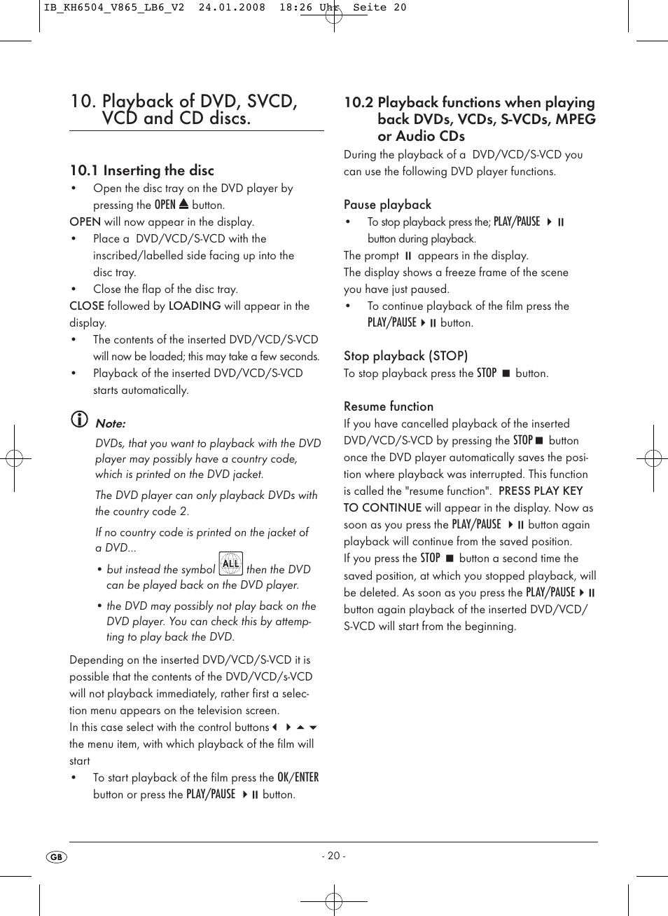 Playback of dvd, svcd, vcd and cd discs | Kompernass KH 6504 User Manual | Page 22 / 41