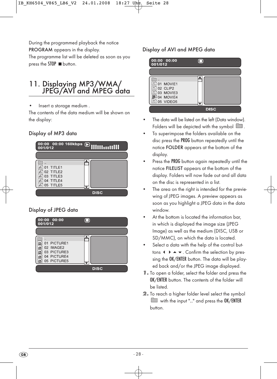 Displaying mp3/wma/ jpeg/avi and mpeg data | Kompernass KH 6504 User Manual | Page 30 / 41