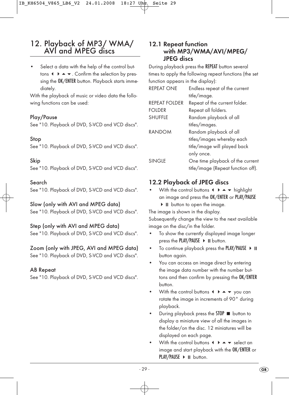 Playback of mp3/ wma/ avi and mpeg discs | Kompernass KH 6504 User Manual | Page 31 / 41