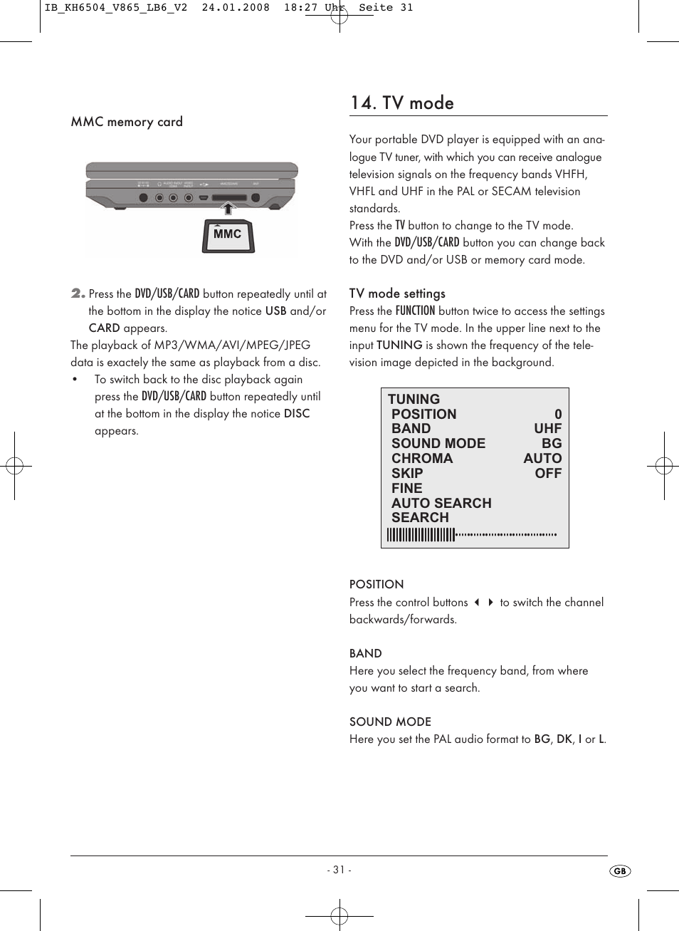 Tv mode | Kompernass KH 6504 User Manual | Page 33 / 41