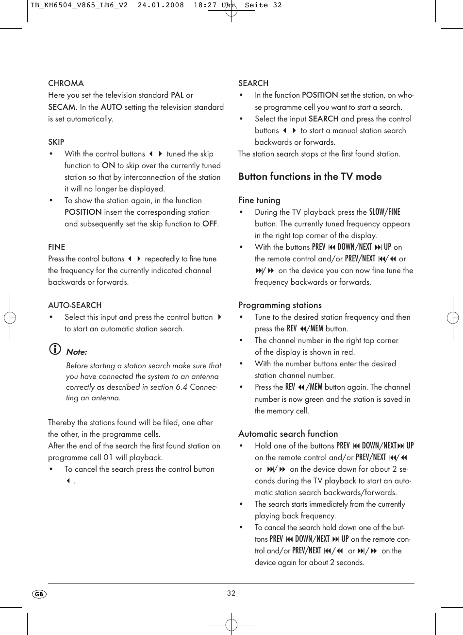 Button functions in the tv mode | Kompernass KH 6504 User Manual | Page 34 / 41