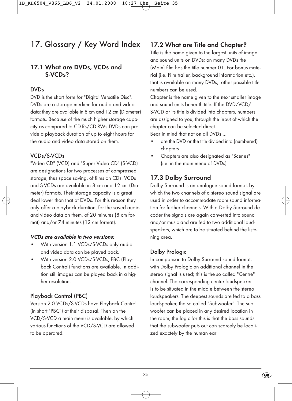 Glossary / key word index | Kompernass KH 6504 User Manual | Page 37 / 41
