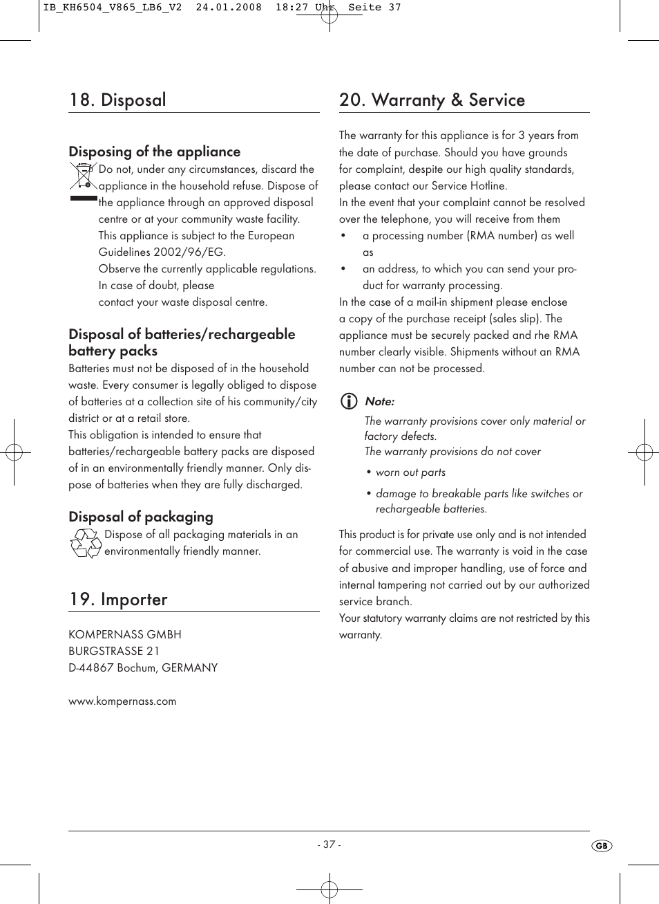 Disposal, Importer, Warranty & service | Kompernass KH 6504 User Manual | Page 39 / 41
