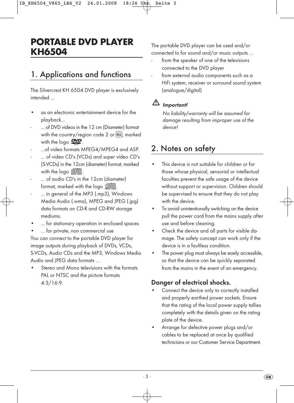 Portable dvd player kh6504, Applications and functions | Kompernass KH 6504 User Manual | Page 5 / 41