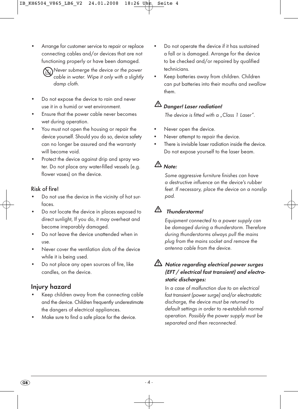 Injury hazard | Kompernass KH 6504 User Manual | Page 6 / 41