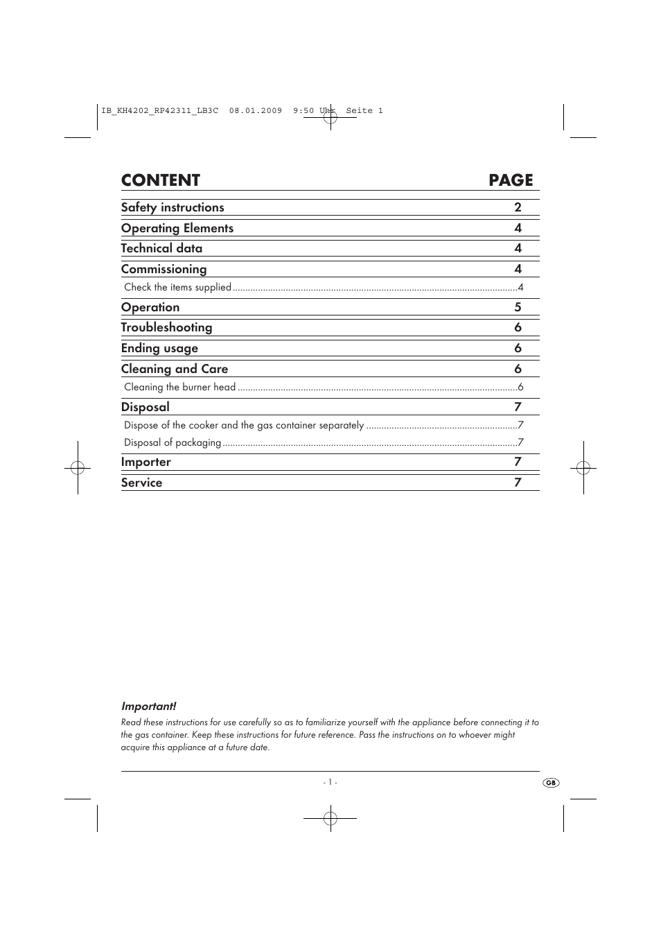 Content page | Kompernass CAMPING STOVE KH4202 User Manual | Page 3 / 17