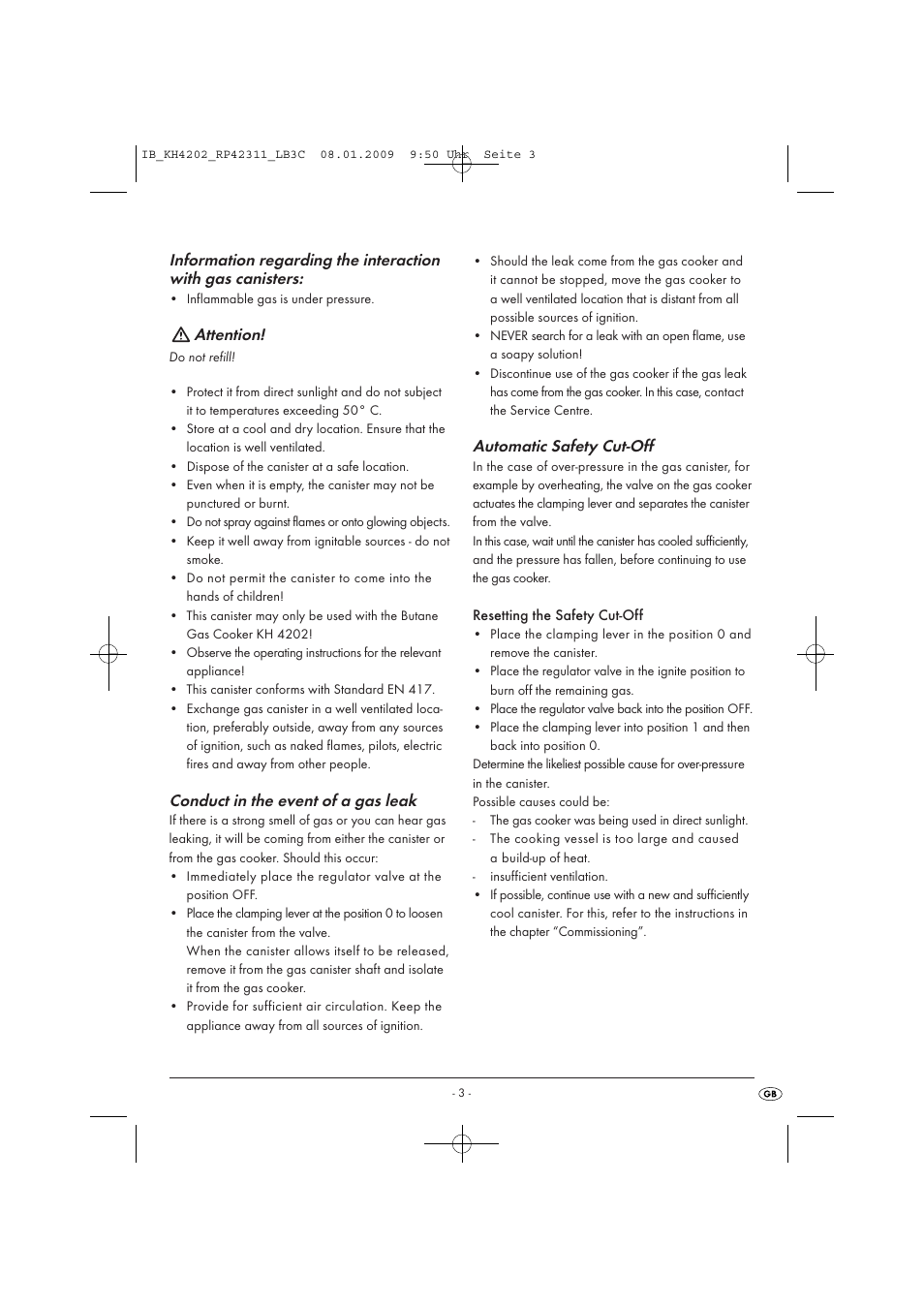 Attention, Conduct in the event of a gas leak, Automatic safety cut-off | Kompernass CAMPING STOVE KH4202 User Manual | Page 5 / 17