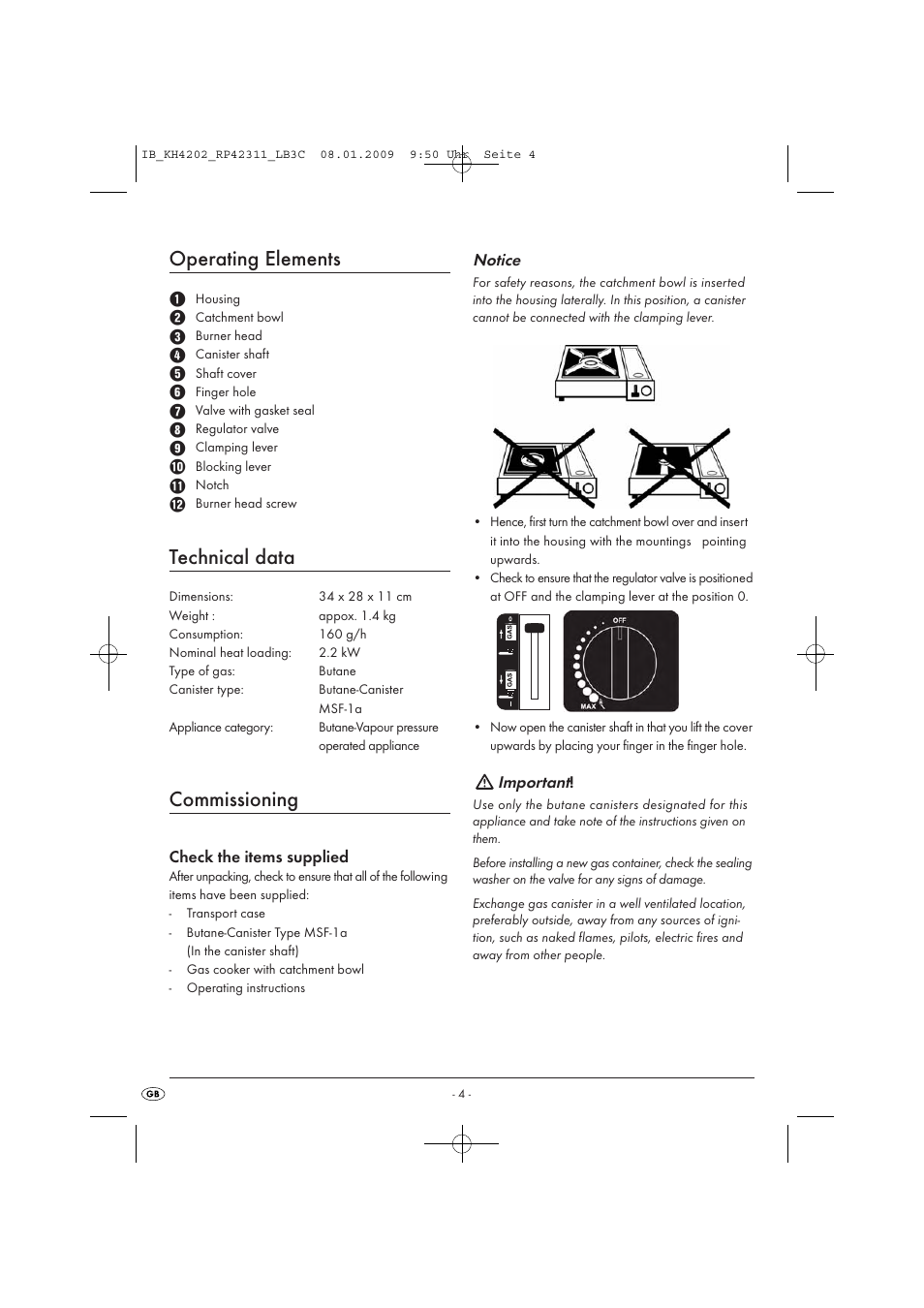 Operating elements, Technical data, Commissioning | Kompernass CAMPING STOVE KH4202 User Manual | Page 6 / 17