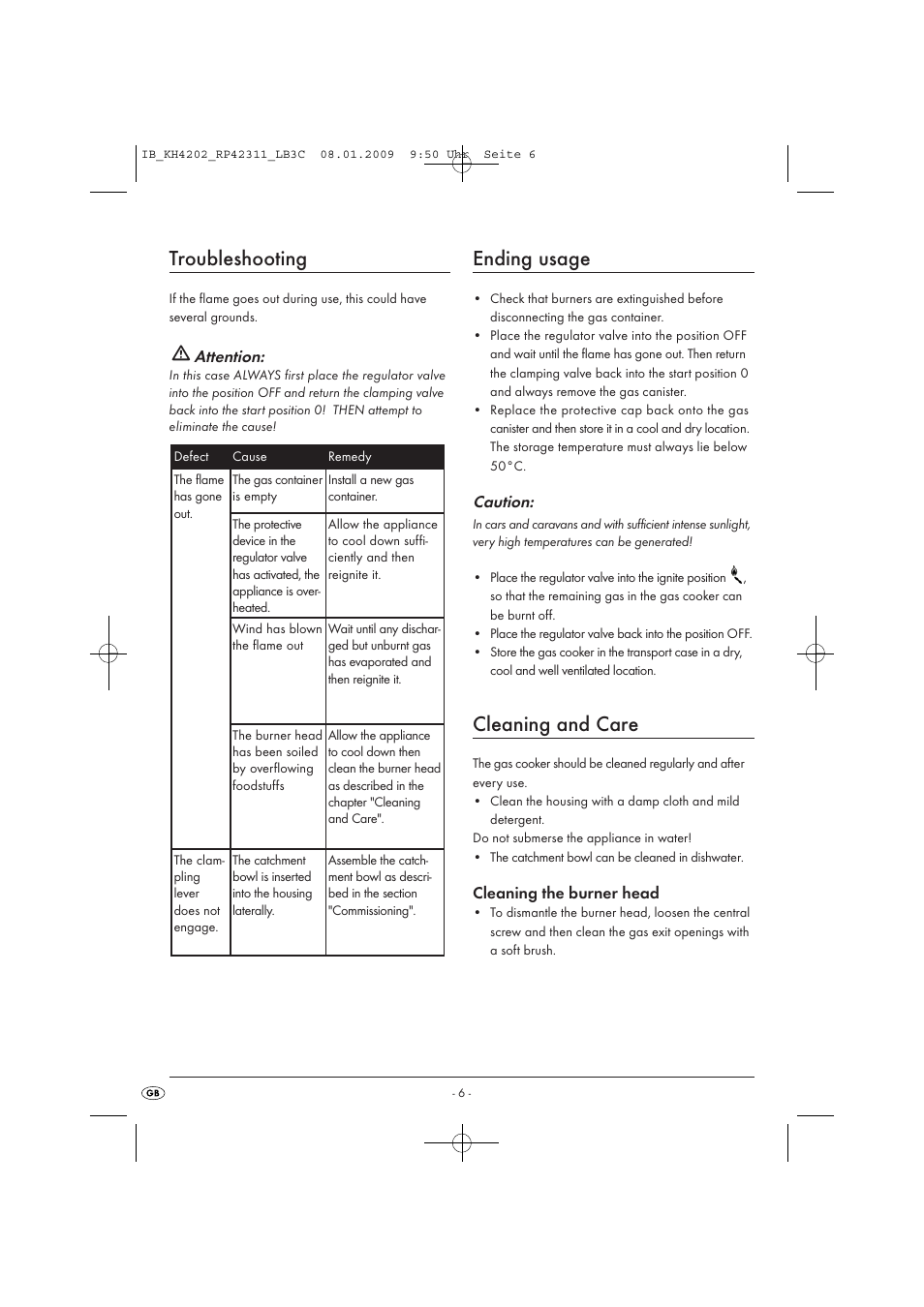 Troubleshooting, Ending usage, Cleaning and care | Kompernass CAMPING STOVE KH4202 User Manual | Page 8 / 17