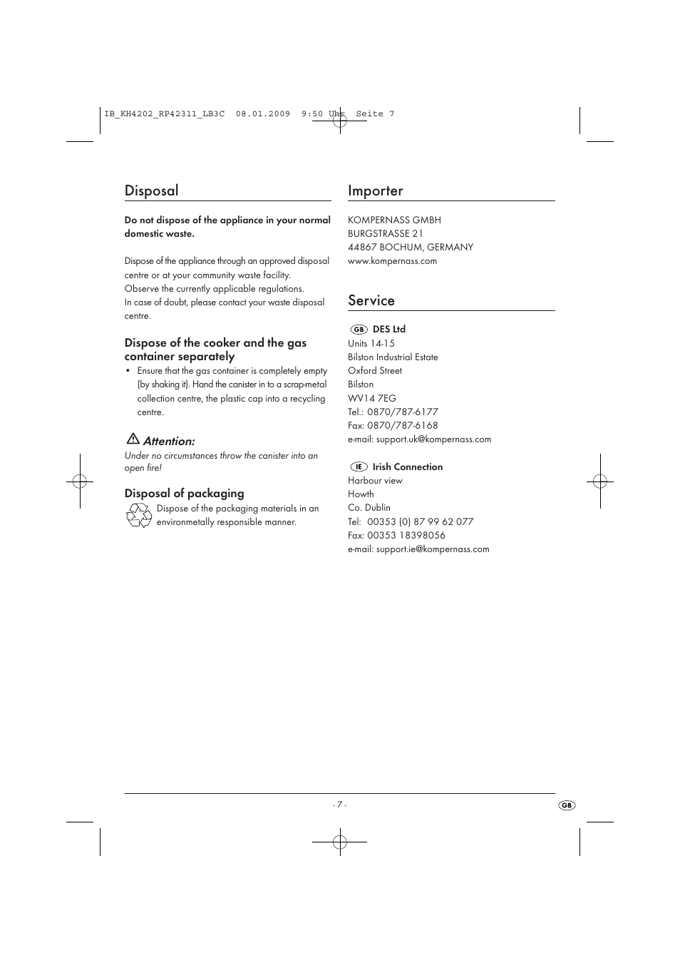 Disposal, Importer, Service | Kompernass CAMPING STOVE KH4202 User Manual | Page 9 / 17
