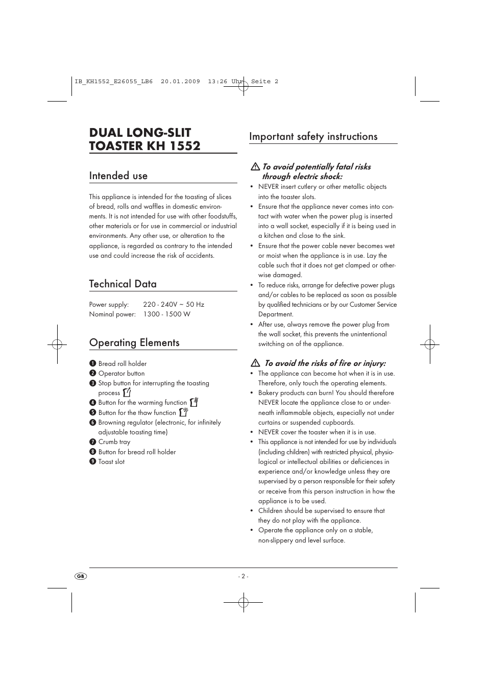 Dual long-slit toaster kh 1552, Intended use, Technical data | Operating elements, Important safety instructions | Kompernass KH 1552 User Manual | Page 4 / 7